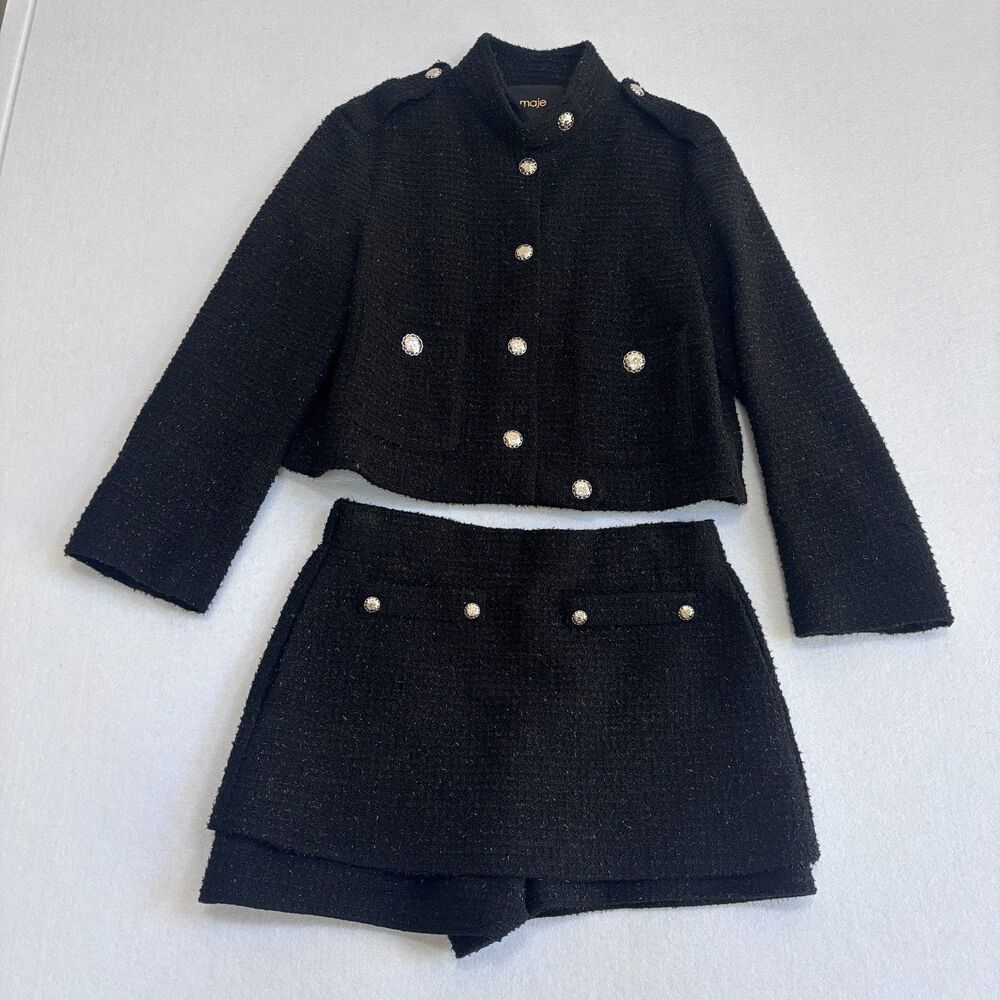 Maje Vateau Cropped Tweed Jacket & Skort Set Women's 38 US M Preppy Old Money - Picture 2 of 14